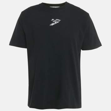 Pre Owned Off-White Black Logo Embroidered Cotton Crewneck T-Shirt L