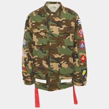 Pre Owned Off-White Green Camouflage Print Patch Detail Utility Jacket S