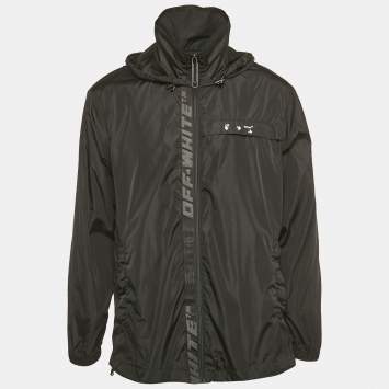 Pre Owned Off-White Black Logo Print Synthetic Hooded Windbreaker Jacket S
