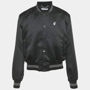 Pre Owned Off-White Black Logo Print Synthetic Bomber Jacket L