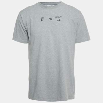 مملوكة مسبقًا تي شيرت أوف وايت قطن مطبوع رمادي نحيف مقاس كبير (لارج)