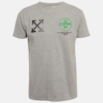 Pre Owned تـي شـيـرت أوف وايـت رمادي مـطـبـوع نـصـف كـم قـطـنـي مـقـاس صـغـيـر