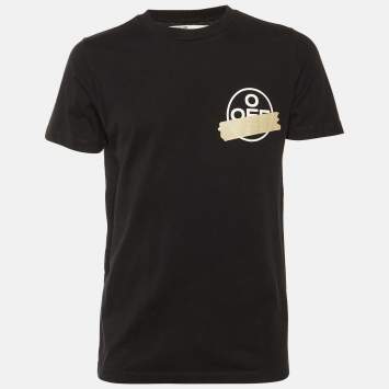 Pre Owned Off-White Black Logo tape Printed Cotton Knit T-Shirt S