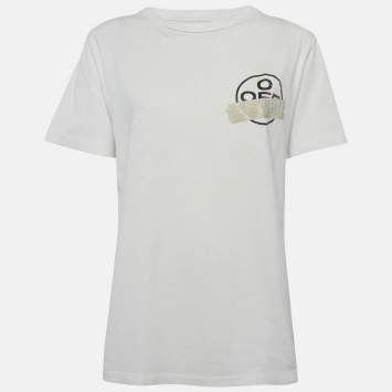 Pre Owned Off-White White Cotton Knit Graphic Crewneck T-Shirt S