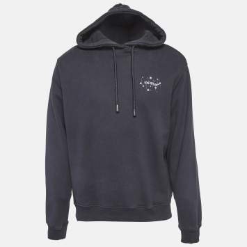 Pre Owned Off-White Navy Blue Logo Print Cotton Knit Hoodie S