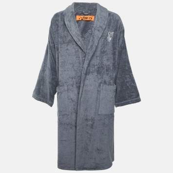 Pre Owned Off-White Grey Logo Embroidered Terry Bathrobe L/XL