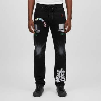 Pre Owned Off-White X Ev Bravado Black Embroidered Denim Relaxed Fit Jeans S/Waist 30"