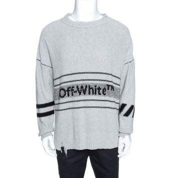 Pre Owned Off White Grey Logo Embroidered Knit Distressed Jumper S