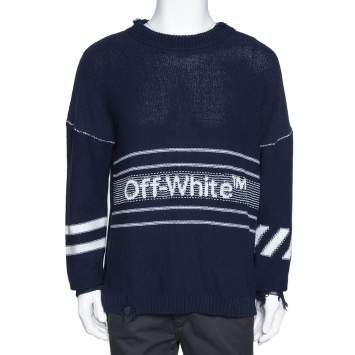 Pre Owned Off White Navy Blue Logo Intarsia Knit Distressed Jumper S