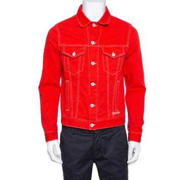 Pre Owned Off White Red Denim Graphic Print Button Front Jacket M