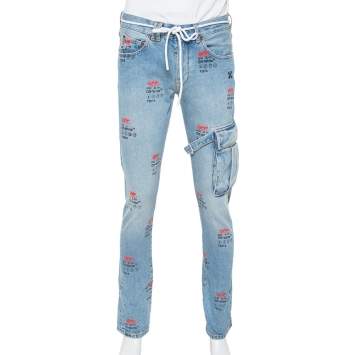 Pre Owned Off White Blue Denim Logo Printed Drawstring Detail Cargo Jeans M