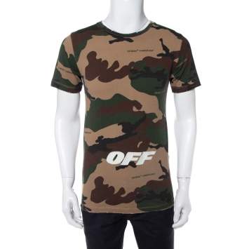 Pre Owned Off-White Camouflage Printed Cotton Logo Embroidered Crewneck T-Shirt XS