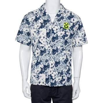 Pre Owned Off White Navy Blue & White Textured Cotton Button Front Holiday Shirt M