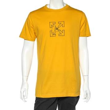 Pre Owned Off-White Yellow Cotton Logo Worker Embroidered Crewneck T-Shirt M