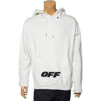 Pre Owned Off-White Ivory Cotton Logo Print Hooded Sweatshirt L