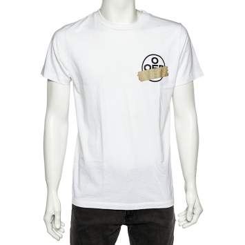 Pre Owned Off-White White Cotton Knit Logo Tape Printed Crewneck T-Shirt S