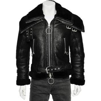 Pre Owned Off-White Black Leather Double Collar Shearling Biker Jacket M