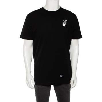 Pre Owned Off-White Black Cotton Logo Printed Short Sleeve Crewneck T-Shirt L