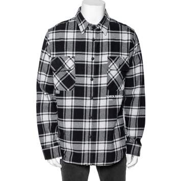 Pre Owned Off-White Monochrome Checkered Flannel Quoted Button Front Shirt L