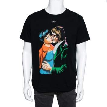 Pre Owned Off-White Black Printed Cotton Short Sleeve T-Shirt XL