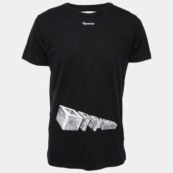 Pre Owned Off-White Black Print Cotton Crew Neck T-Shirt M