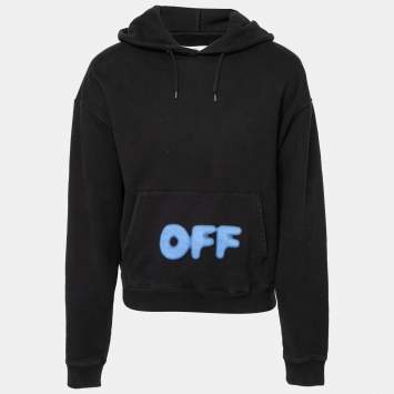 Pre Owned Off-White Black Cotton Blurred Logo Printed Long Sleeve Hoodie M