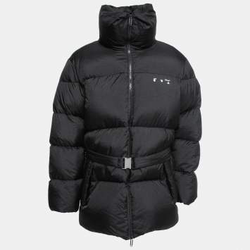 Pre Owned Off-White Black Synthetic Logo Print Down Puffer Jacket XS