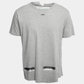 Pre Owned Off-White Grey Cotton Logo Embroidered Asymmetric Hemline T-Shirt L