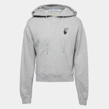 Pre Owned Off-White Grey Cotton Logo Print Hooded Sweatshirt S