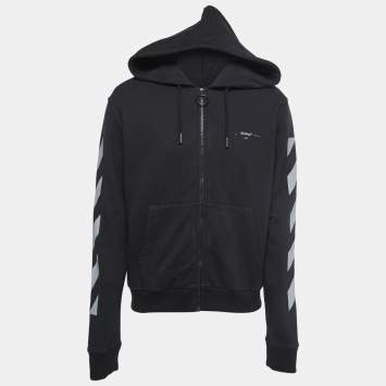 Pre Owned Off-White Black Printed Cotton Zip Front Hooded Jacket M