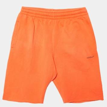 Pre Owned Off-White Orange Cotton Knit Logo Printed Shorts M