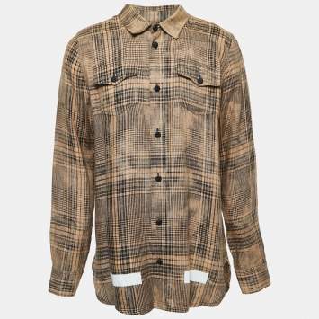 Off-White Beige Plaid Linen Button Front Full Sleeve Shirt M
