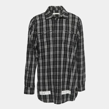 Pre Owned Off-White Black Plaid Cotton Button Front Full Sleeve Shirt L