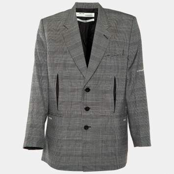 Pre Owned Off-White Black Checked Cotton & Wool Cut-Out Detail Oversized Jacket M