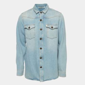 Pre Owned Off-White Blue Washed Print Denim Button Front Shirt M