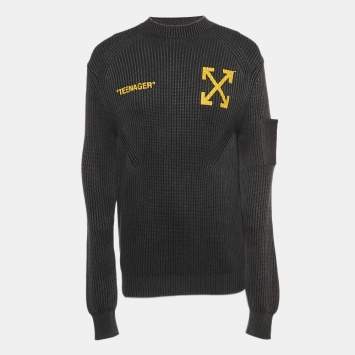 Pre Owned Off-White Charcoal Black Knit Flamed Bart Print Sweater M