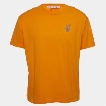 Pre Owned Off-White Dark yellow Logo Print Cotton Half Sleeve T-Shirt L