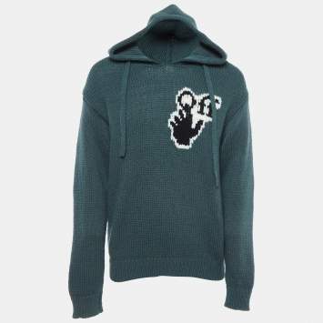 Pre Owned Off-White Green Logo Intarsia Wool Blend Knit Hoodie M
