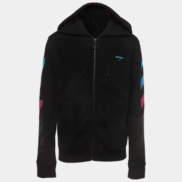 مملوكة مسبقًا Off-White Black Logo Print Cotton knit Zip Front Hooded Jacket L