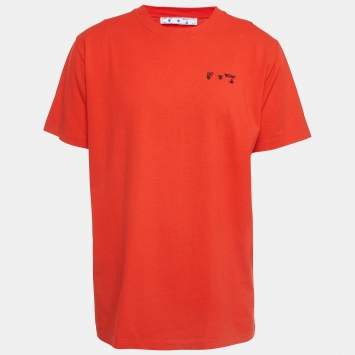 Pre Owned Off-White Red Logo Embroidered Cotton T-Shirt XL
