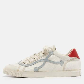 Pre Owned Off-White White/Red Canvas and Leather Vulcanised Sneakers Size 45