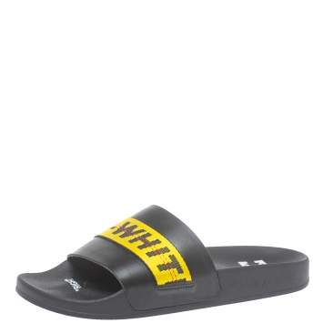 Pre Owned Off White Black/Yellow Leather And Canvas Slide Sandals Size 44