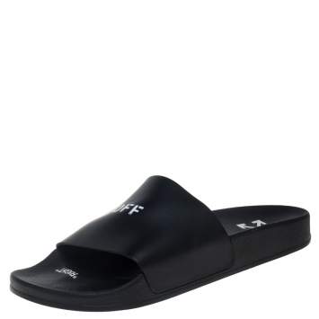 Pre Owned Off-White Black Leather Off Stamp Slide Sandals Size 44