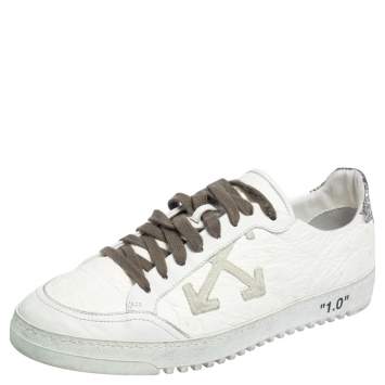 Pre Owned  Off-White White/Silver Leather and Glitter Lace Low Top Sneakers Size 44