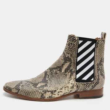Pre Owned Off-White Black/Beige Snakeskin Embossed Leather Chelsea Ankle Boots Size 44