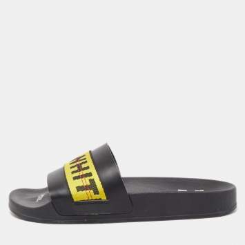 Pre Owned Off-White Black Leather and Logo Canvas Industrial Slides Size 40