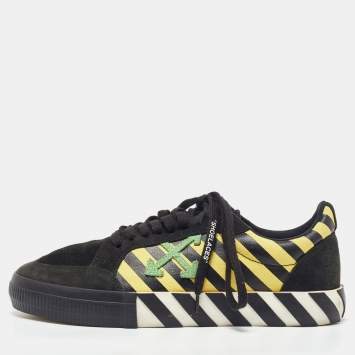 Pre Owned Off-White Black/Yellow Suede and Coated Canvas Vulcanized Sneakers Size 44