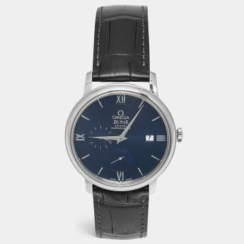 Pre Owned Omega Blue Stainless Steel Alligator De Ville Prestige 424.13.40.21.03.001 Men's Wristwatch 39 mm  