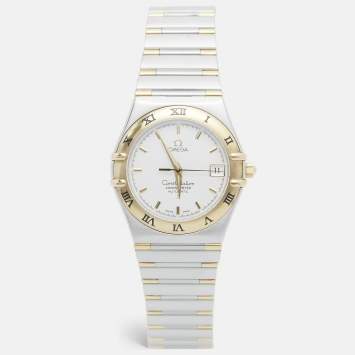 Pre Owned ساعة يد رجالية أوميغا كونستليشن 1302.30.00 قرص فضي أبيض ذهب أصفر عيار 18 ستانلس ستيل 35.50 مم