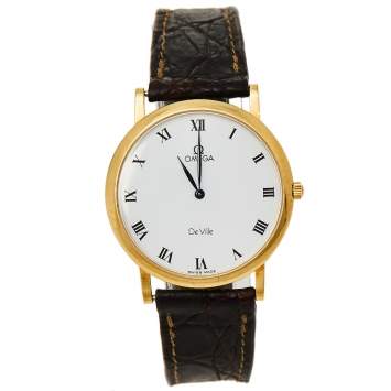 Pre Owned Omega Vintage White 18K Yellow Gold & Leather De Ville 195.2378 Men's Wristwatch 32 mm